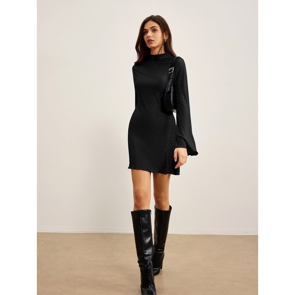 Commense Mock Neck Textured Dress Black size M